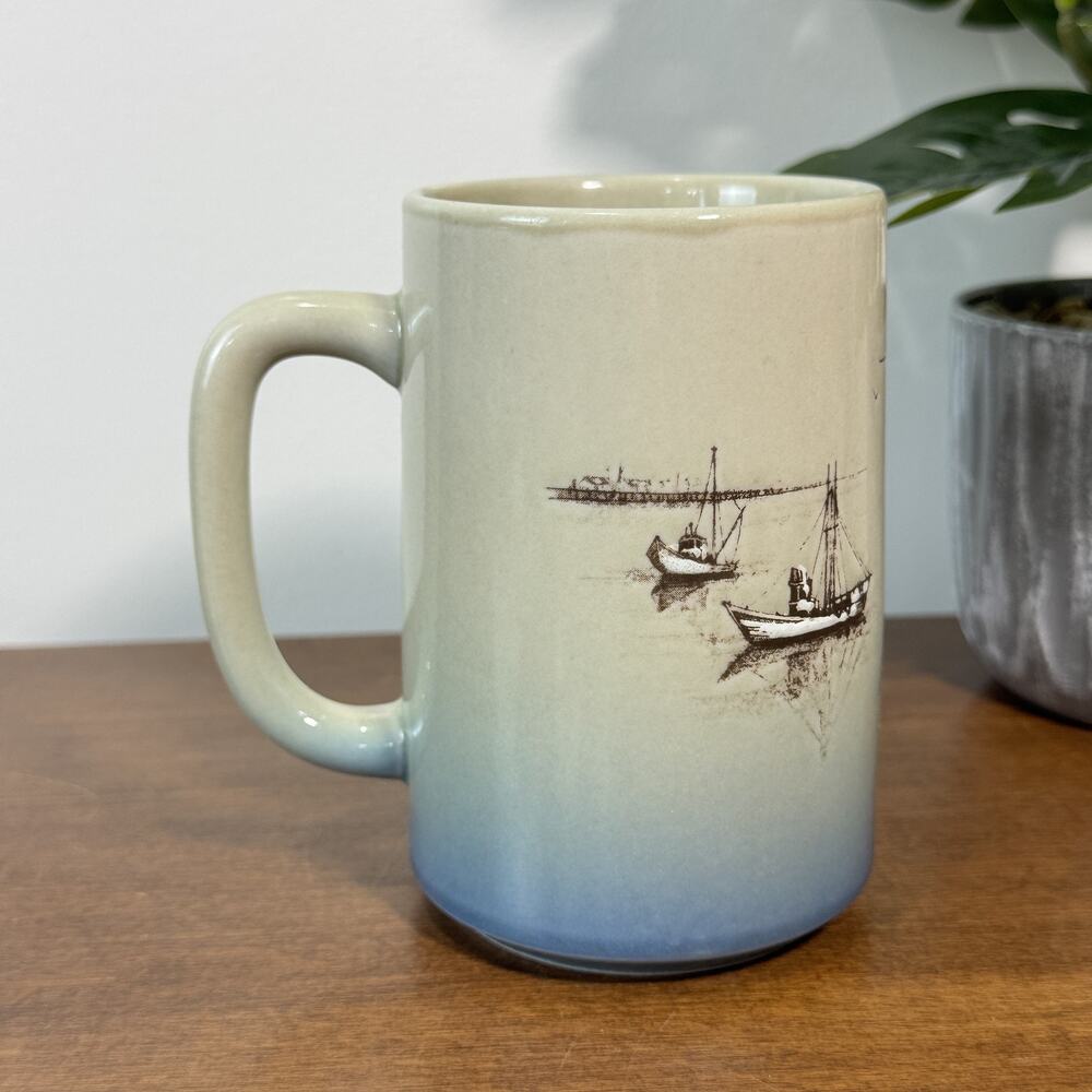 Vintage Fishing Boats Nautical Coastal Scene Coffee Tea Mug Stoneware Otagiri - Picture 2 of 4